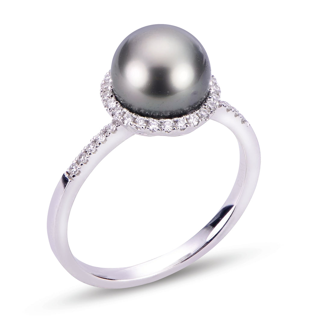 14k White Gold Tahitian Pearl and Diamond Halo Ring