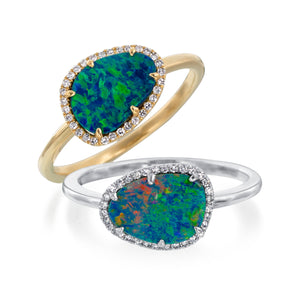 14k White Gold Black Opal Doublet and Diamond Ring