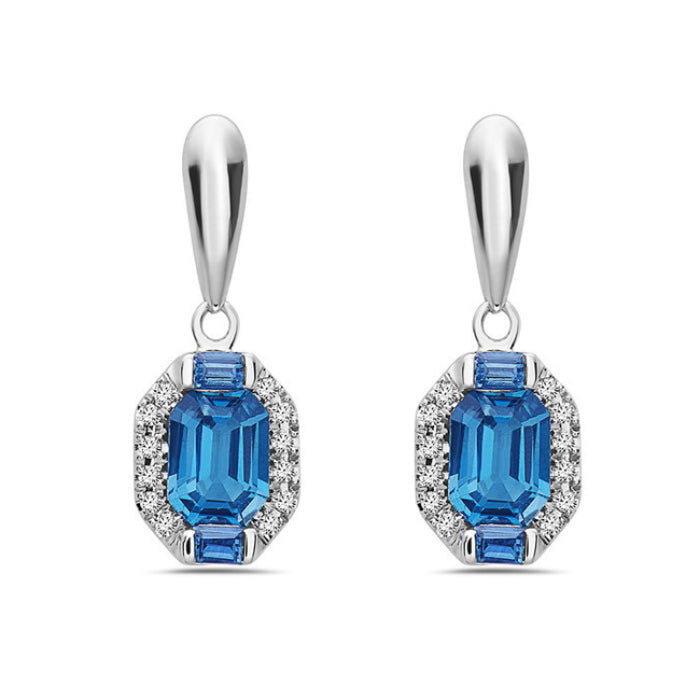 One Pair of Ladies 14k White Gold London Blue Topaz, Diamond and Sapphire Earrings