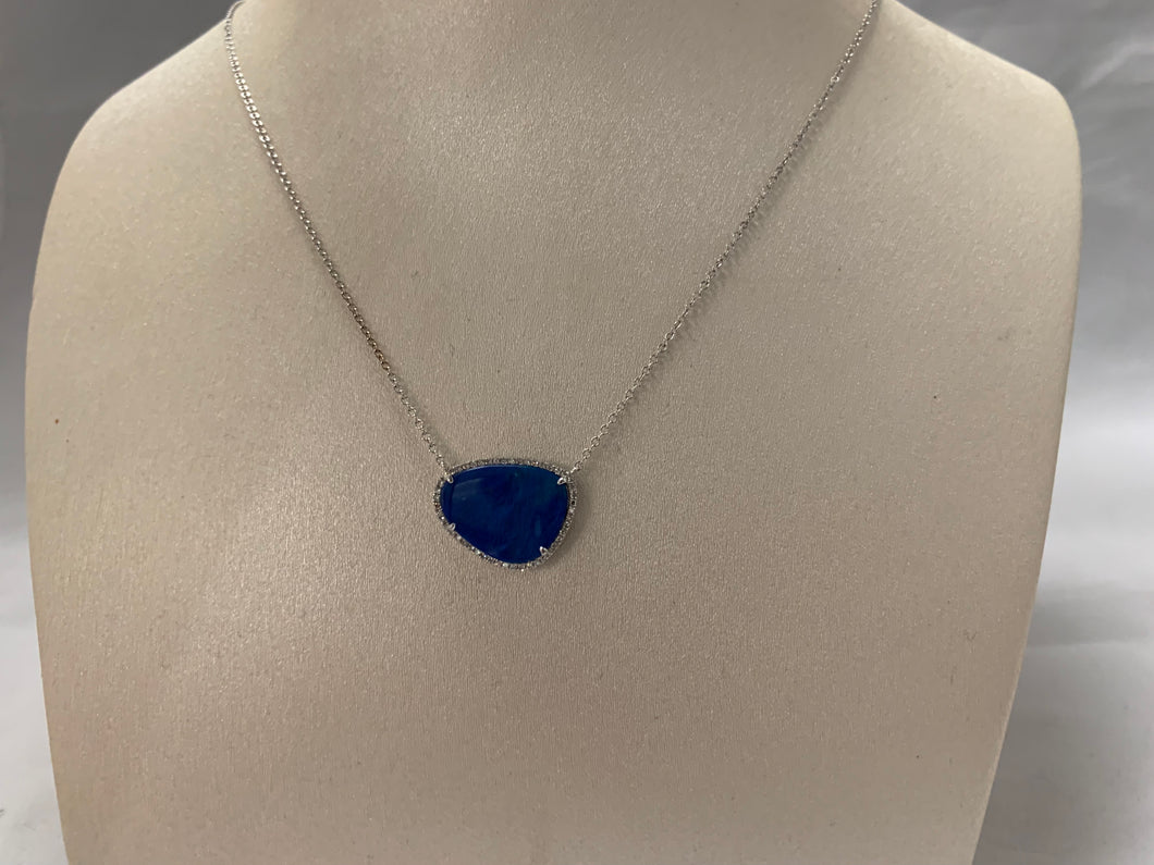 14k White Gold Kidney Shaped Blue Opal Pendant with Diamonds