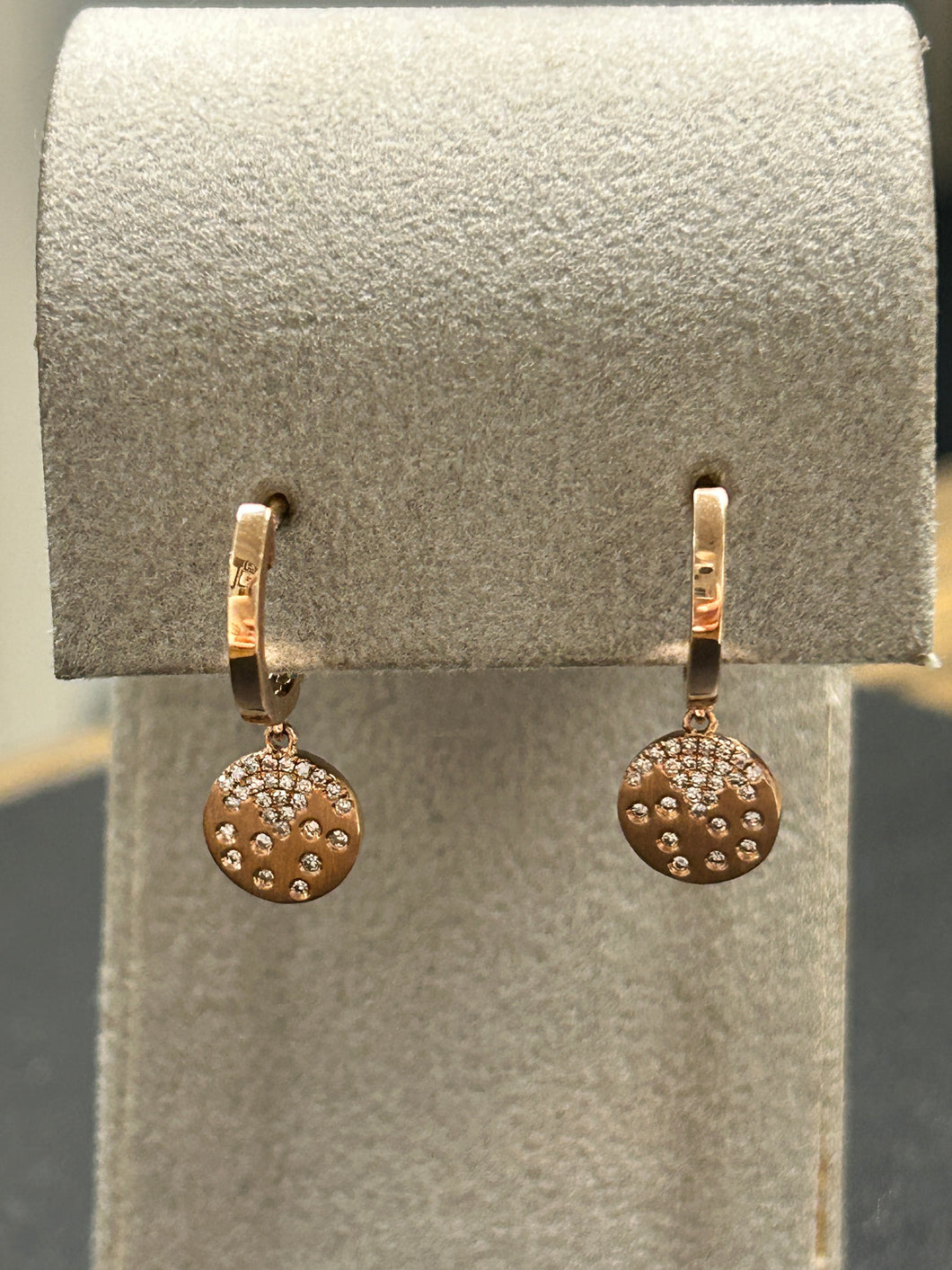 Ladies Dilamani 14k Rose Gold Diamond Flush Set Disc Dangle Earrings
