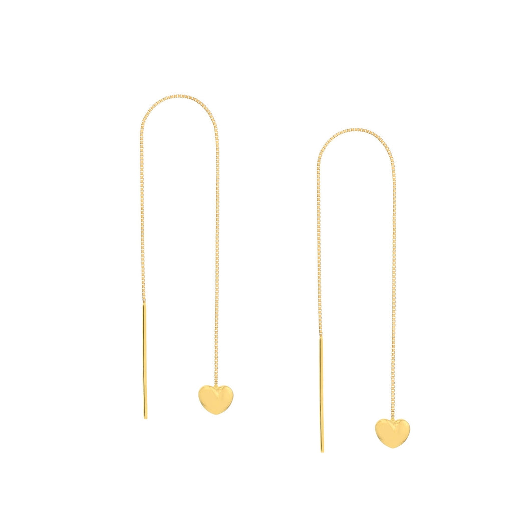 14k Yellow Gold Puff Heart Box Chain Threader Earrings.