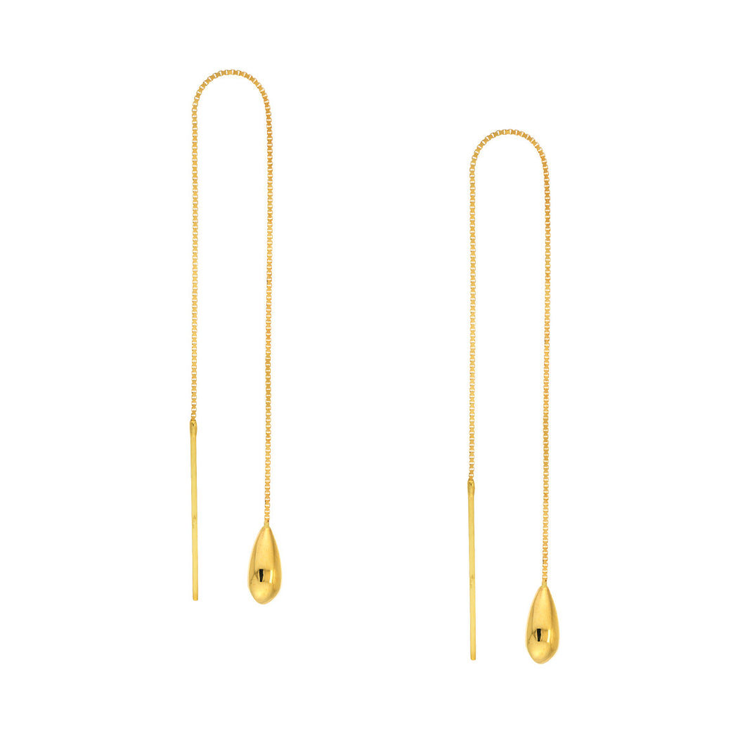 14k Yellow Gold Tear Drop Box Chain Threader Earrings.