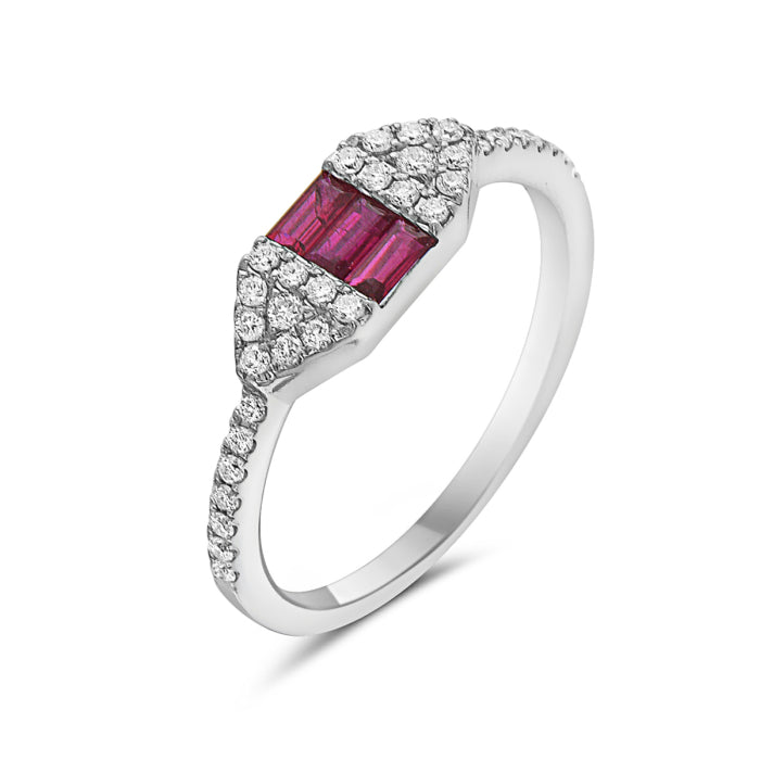 One Ladies 14k White Gold Ruby and Diamond RIng