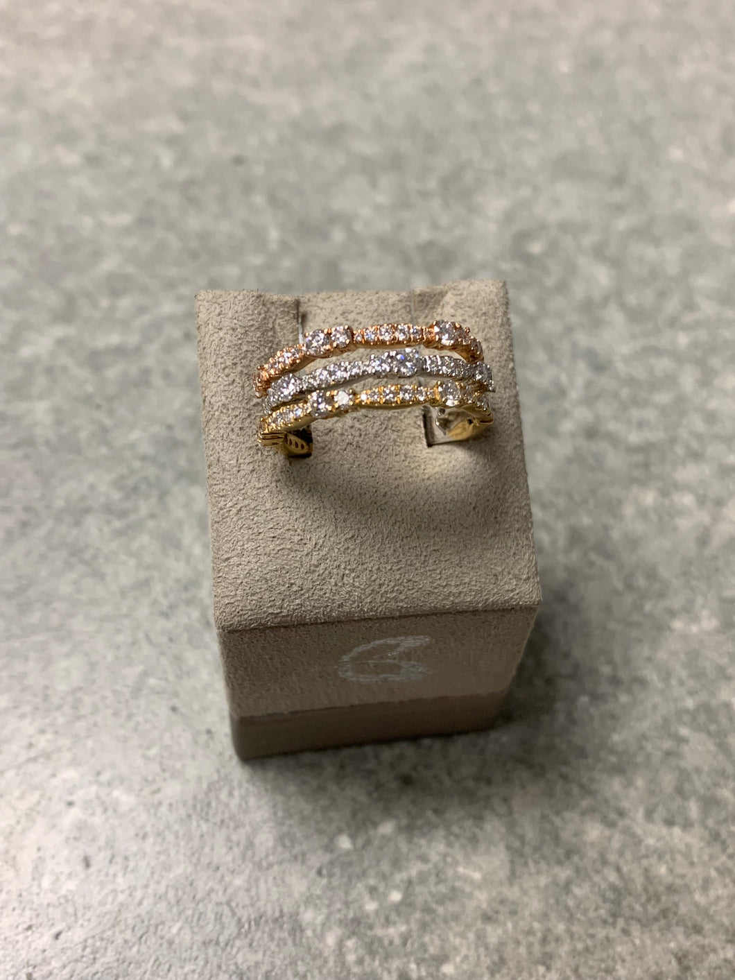 One Ladies 14k Tri-Color Yellow, Rose and White Gold Three Row Diamond Ring