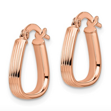 Load image into Gallery viewer, 14k Rose Gold Triangular Polished and Textured Hoop Earrings
