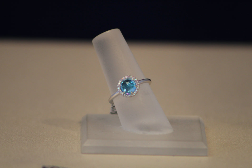 14k White Gold Swiss Blue Topaz Ring with Diamond Halo