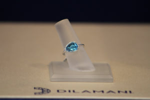 14k White Gold Bean Shaped Swiss Blue Topaz and Diamond Halo Bean Shaped Ring