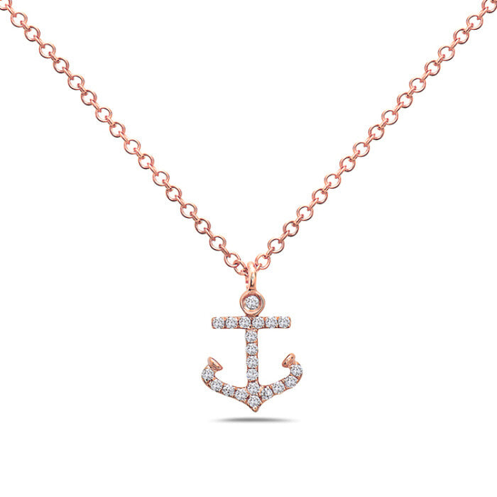 14k Rose Gold Diamond Anchor Necklace