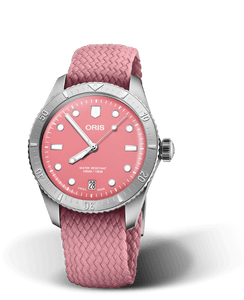 Ladies Oris Divers Sixty-Five Watch with a Lipstick Pink Dial.