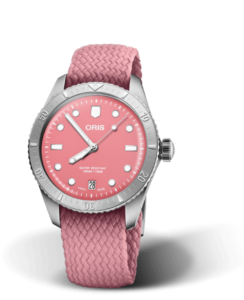 Ladies Oris Divers Sixty-Five Watch with a Lipstick Pink Dial.