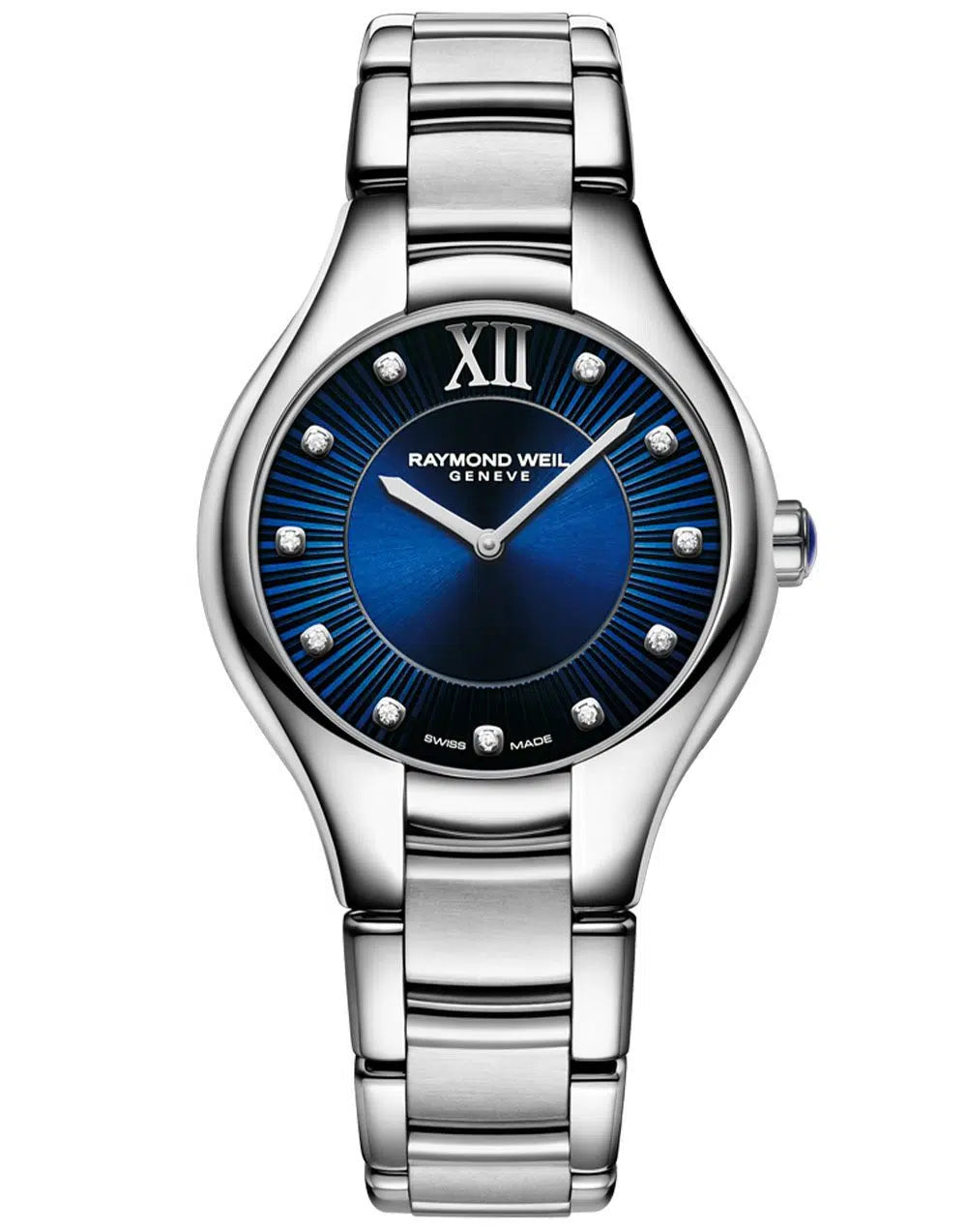 One Ladies 32mm Stainless Steel Raymond Weil Noemia Watch with a Navy Blue Dial.