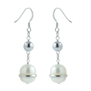 One Pair of Ladies Sterling Silver 10-11mm Fresh Water Pearl and 6mm Hematite Earrings