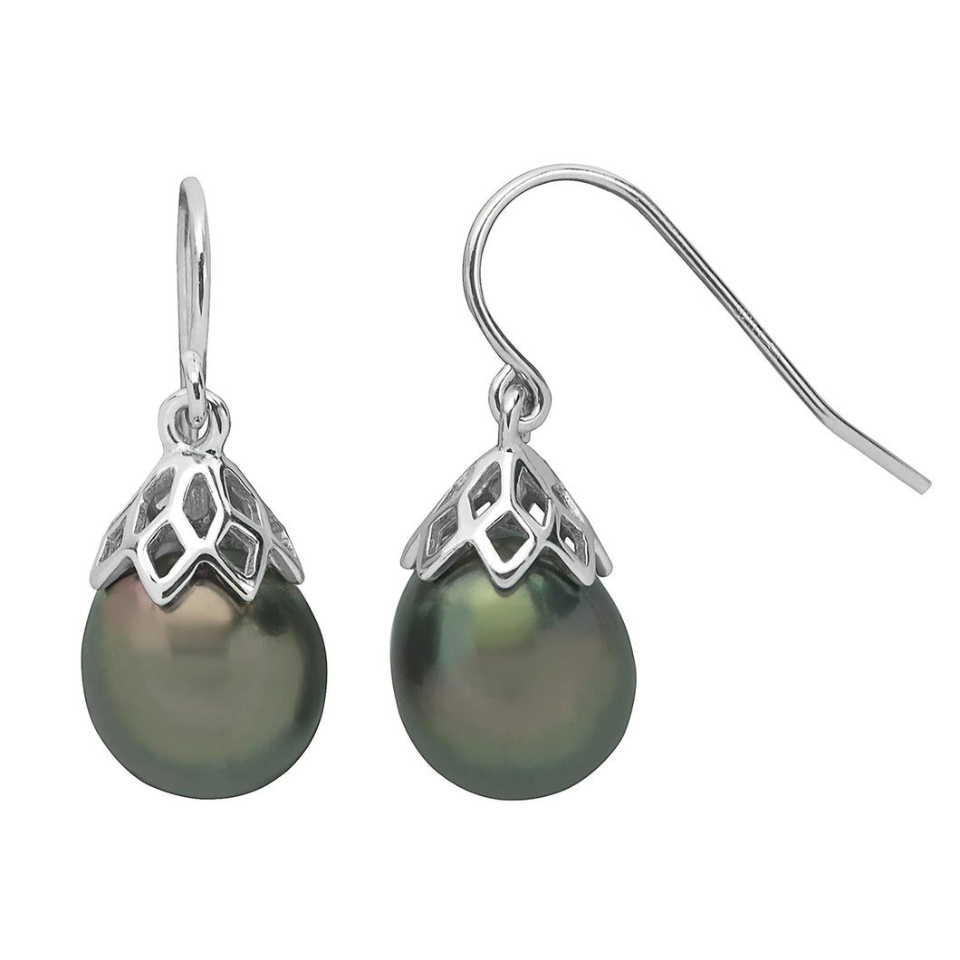 One Ladies Sterling Silver 9-10mm Tahitian Pearl Drop Earrings