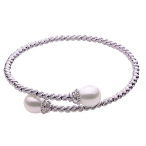 One Ladies Sterling Silver Fresh Water Pearl and Rhodium Plated Brilliance Bead Bangle