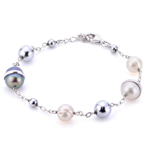 One Ladies Sterling Silver 7"-8" Bracelet with Dyed Black and White Fresh Water Pearl