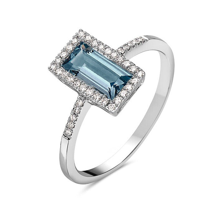 14k White Gold Blue Topaz and Diamond Ring