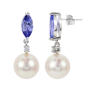 One Pair of Ladies 14k White Gold 8.5-9mm Fresh Water Cultured Pearl Tanzanite and Diamond Earrings