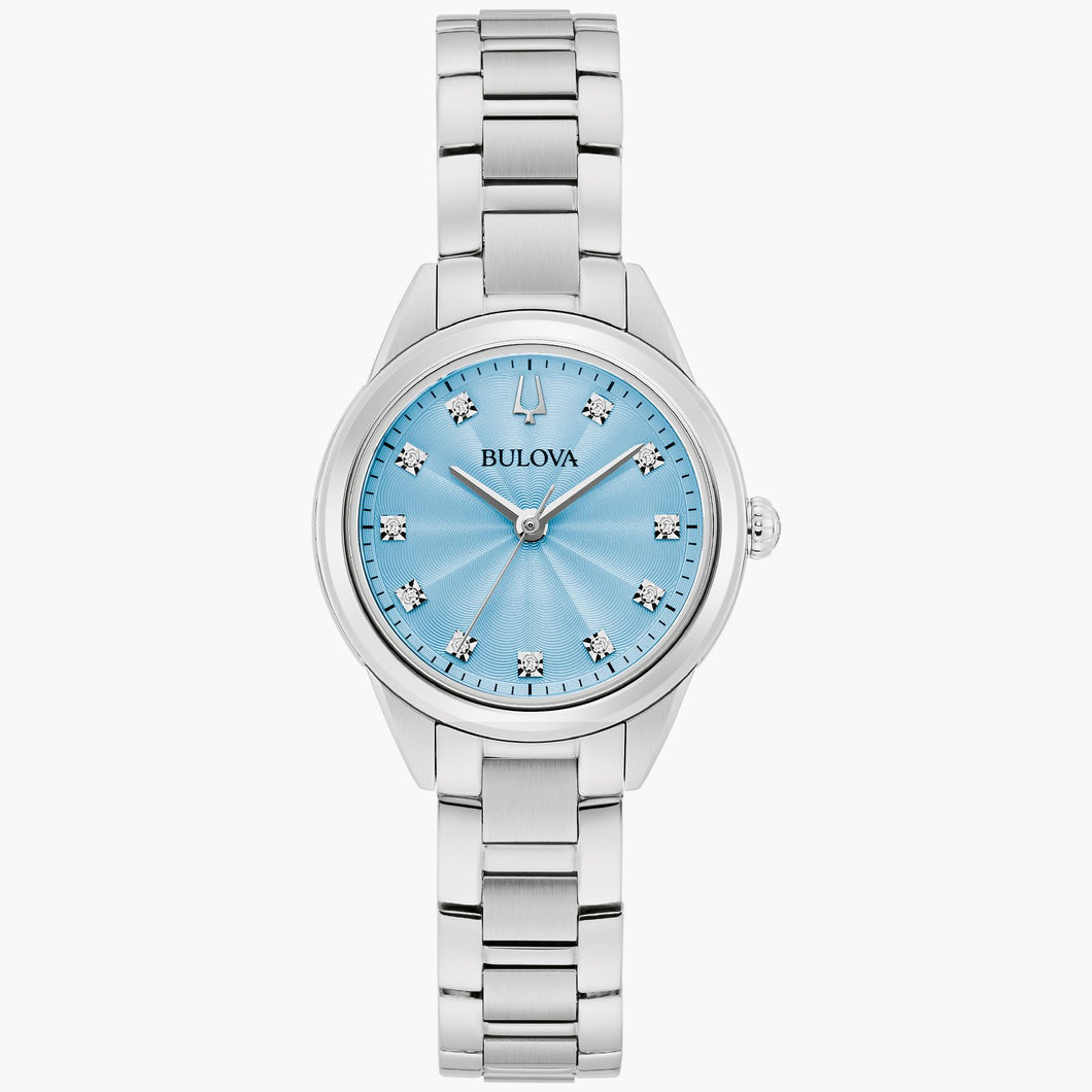 Ladies Stainless Steel Sutton Bulova Watch with a Light Blue Burst Pattern Dial