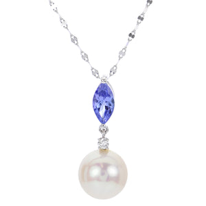 One Ladies 14k White Gold 18" Fresh Water Cultured Pearl Tanzanite and Diamond Pendant