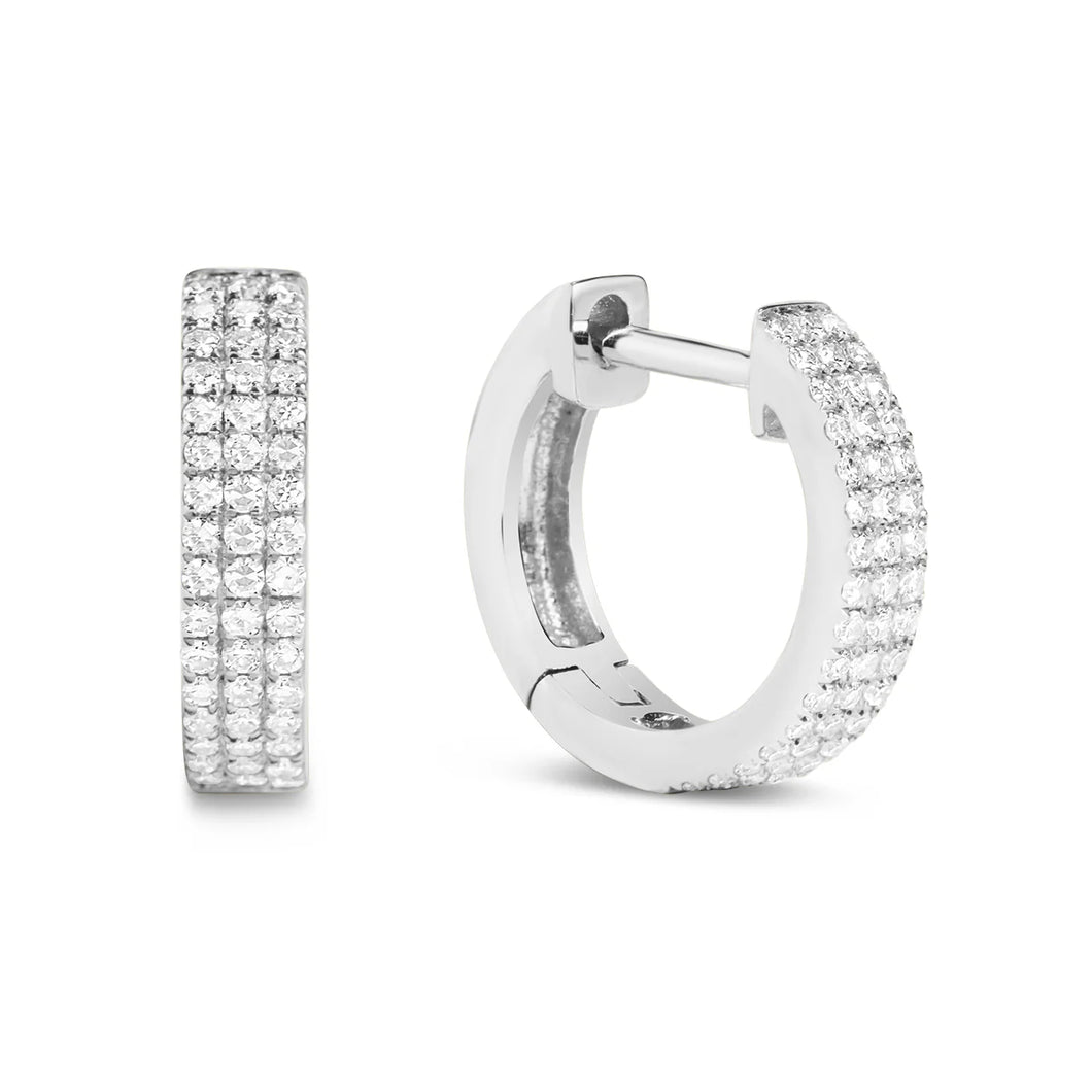 14k White Gold Diamond Pave Three Row Huggy Earrings