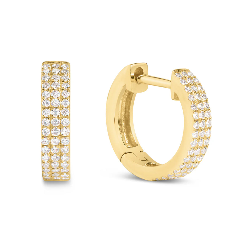 14k Yellow Gold Diamond Pave Three Row Huggy Earrings
