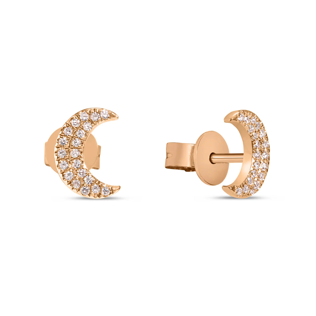 14k Rose Gold Diamond Moon Stud Earrings