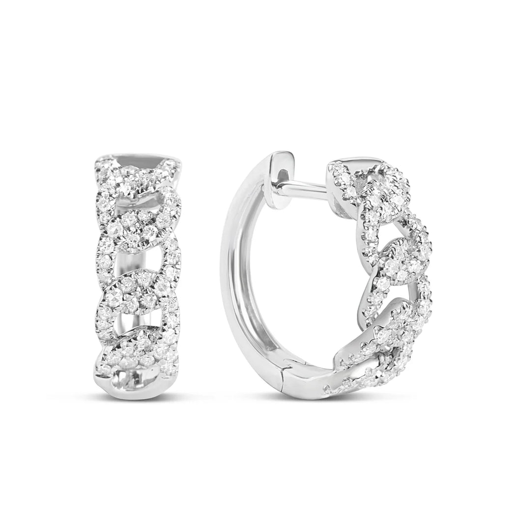 14k White Gold Diamond Pave Link Hoop Earrings