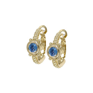 John Medeiros Gilded Collection Round Bezel Set Blue Sapphire Yellow Tone Hoop Earrings.
