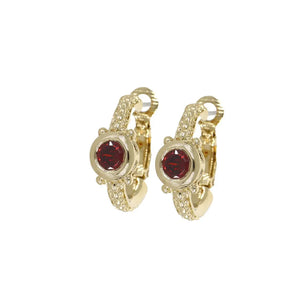 John Medeiros Gilded Collection Round Bezel Set Garnet Yellow Tone Hoop Earrings.