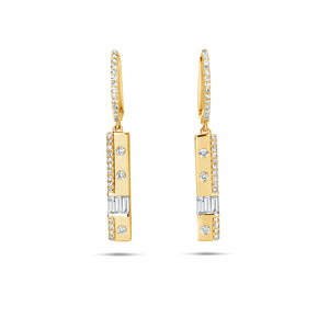 Ladies Dilamani 14k Yellow Gold Diamond Flush Set Baguette and Round Diamond Bar Dangle Earrings