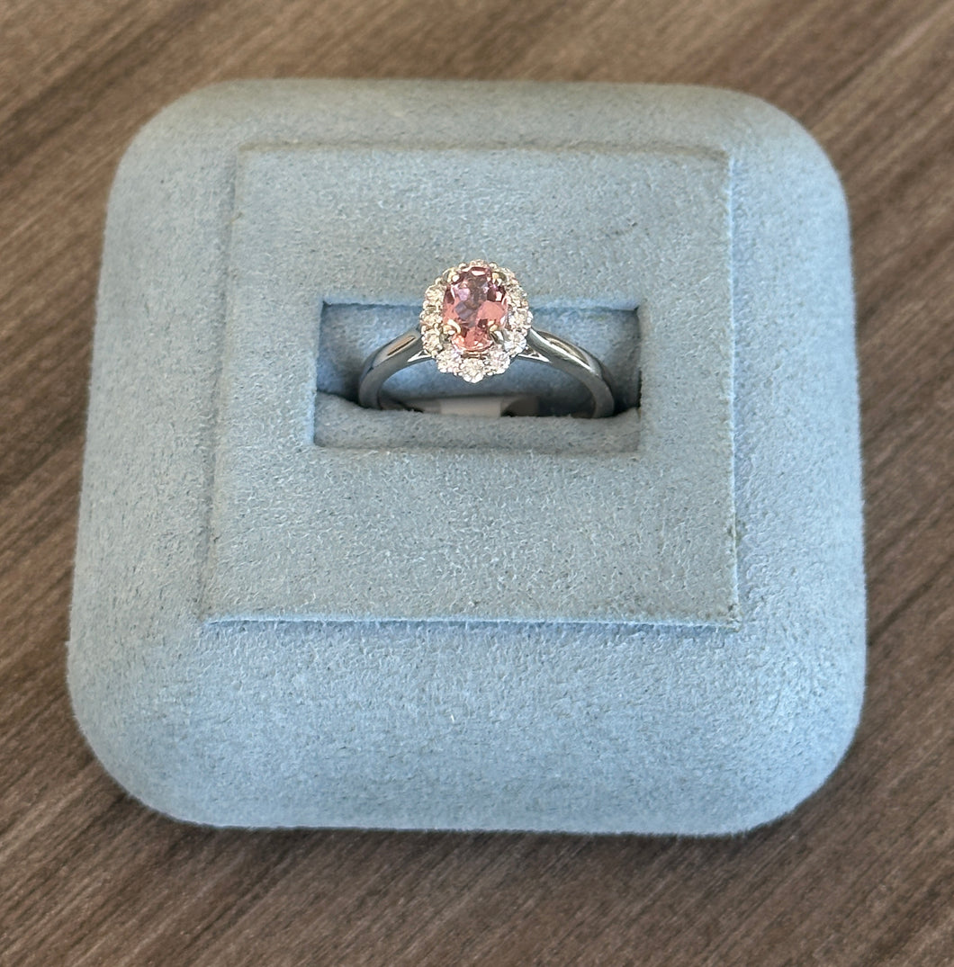 14k White Gold Oval Pink Tourmaline and Diamond Ring