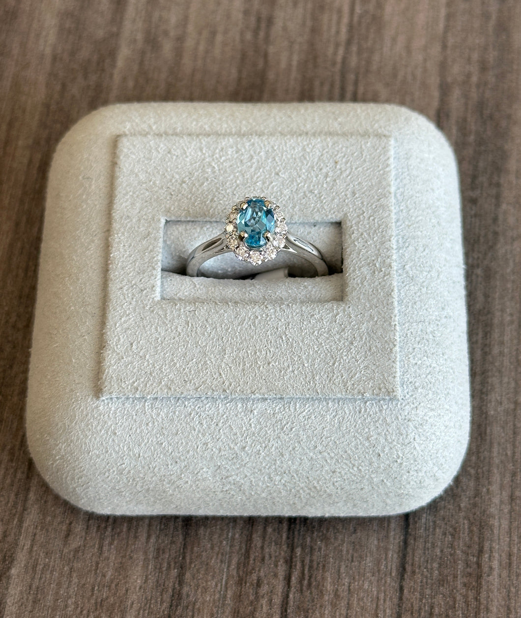 14k White Gold Oval Blue Topaz and Diamond Ring