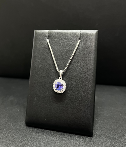 14k White Gold Tanzanite and Diamond Halo Necklace