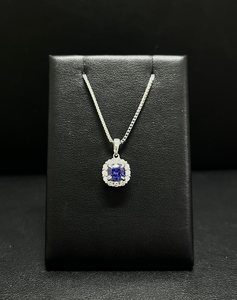 14k White Gold Tanzanite and Diamond Halo Necklace