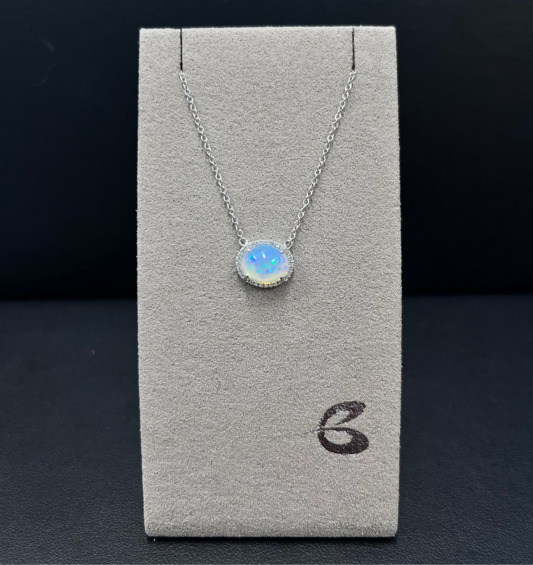 14k White Gold Opal and Diamond Necklace