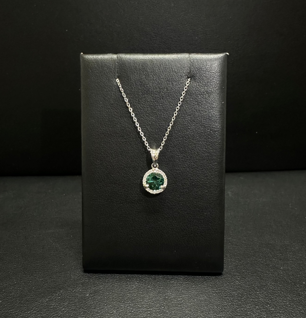 14k White Gold Green Tourmaline and Diamond Halo Necklace