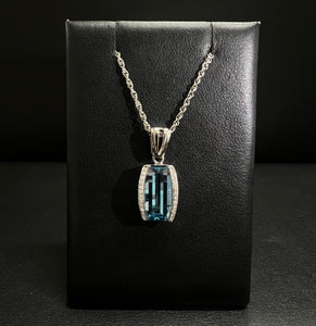 14k White Gold Blue Topaz and Diamond Necklace