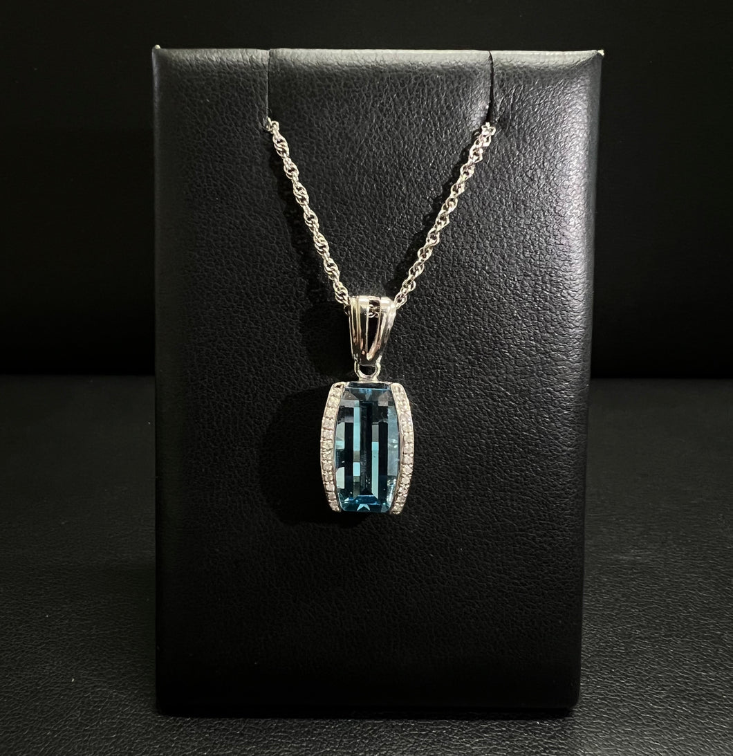 14k White Gold Blue Topaz and Diamond Necklace
