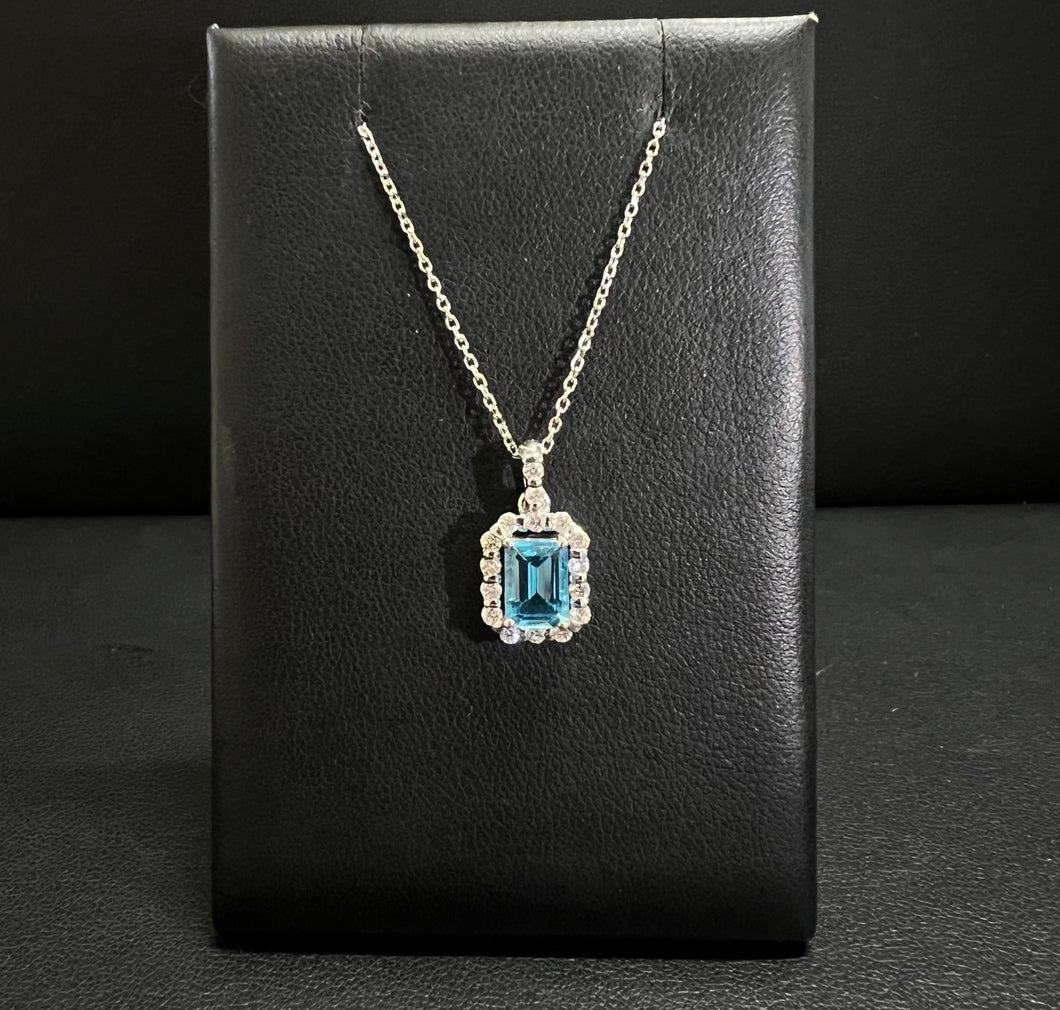 14k White Gold Diamond and Blue Topaz Necklace