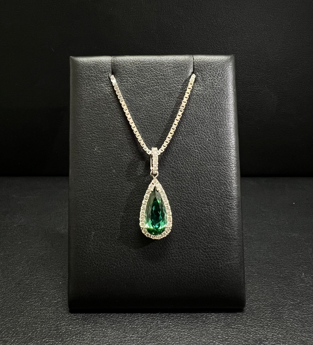 14k White Gold Green Tourmaline and Diamond Halo Necklace