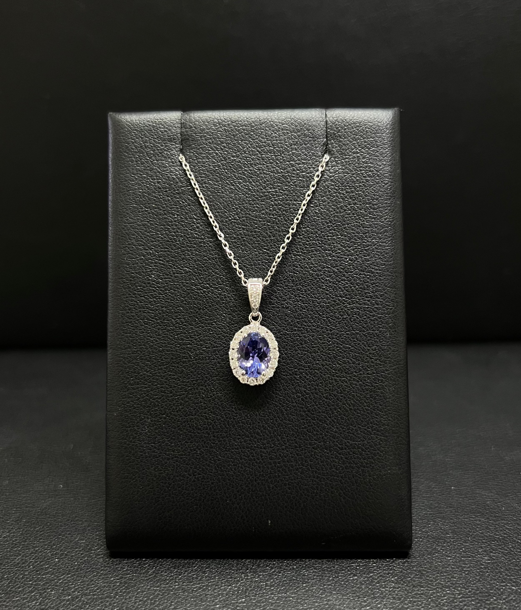 14k White Gold Tanzanite and Diamond Halo Necklace