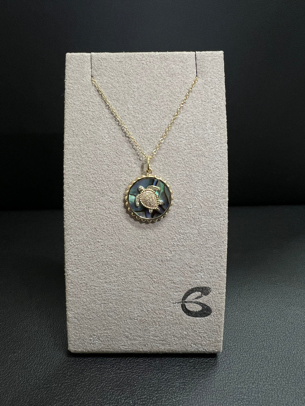 14k Yellow Gold Diamond Turtle Abalone Necklace