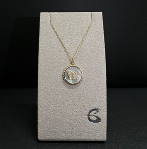 14k Yellow Gold Diamond Butterfly and Mother of Pearl Necklace