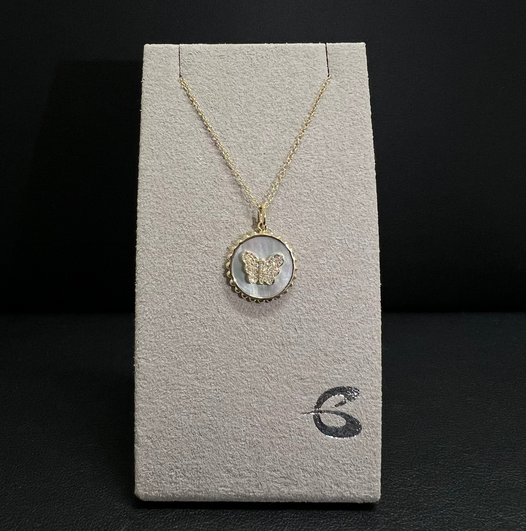 14k Yellow Gold Diamond Butterfly and Mother of Pearl Necklace