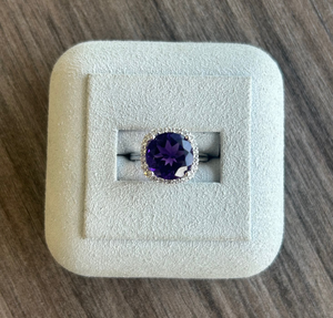 14k White Gold Diamond Halo and Amethyst Ring