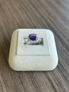 14k White Gold Diamond Halo and Amethyst Ring