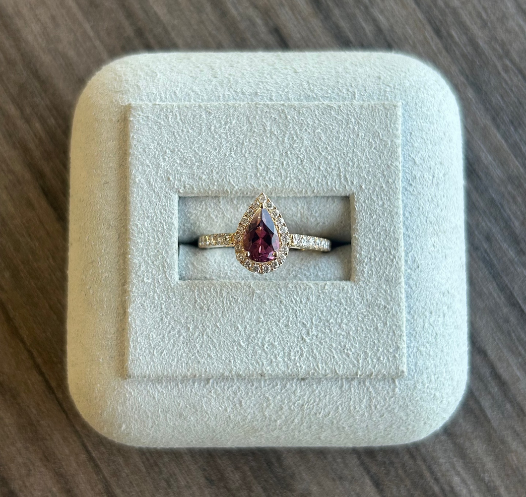 14k Yellow Gold Pear Shaped Rubellite Halo Diamond Ring