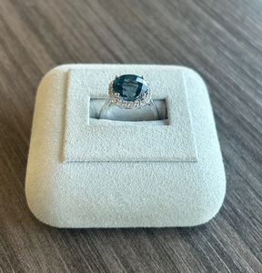 14k White Gold Diamond Halo and Blue Topaz Ring