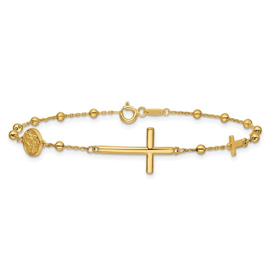 14k Yellow Gold Cross and Beaded Bracelet